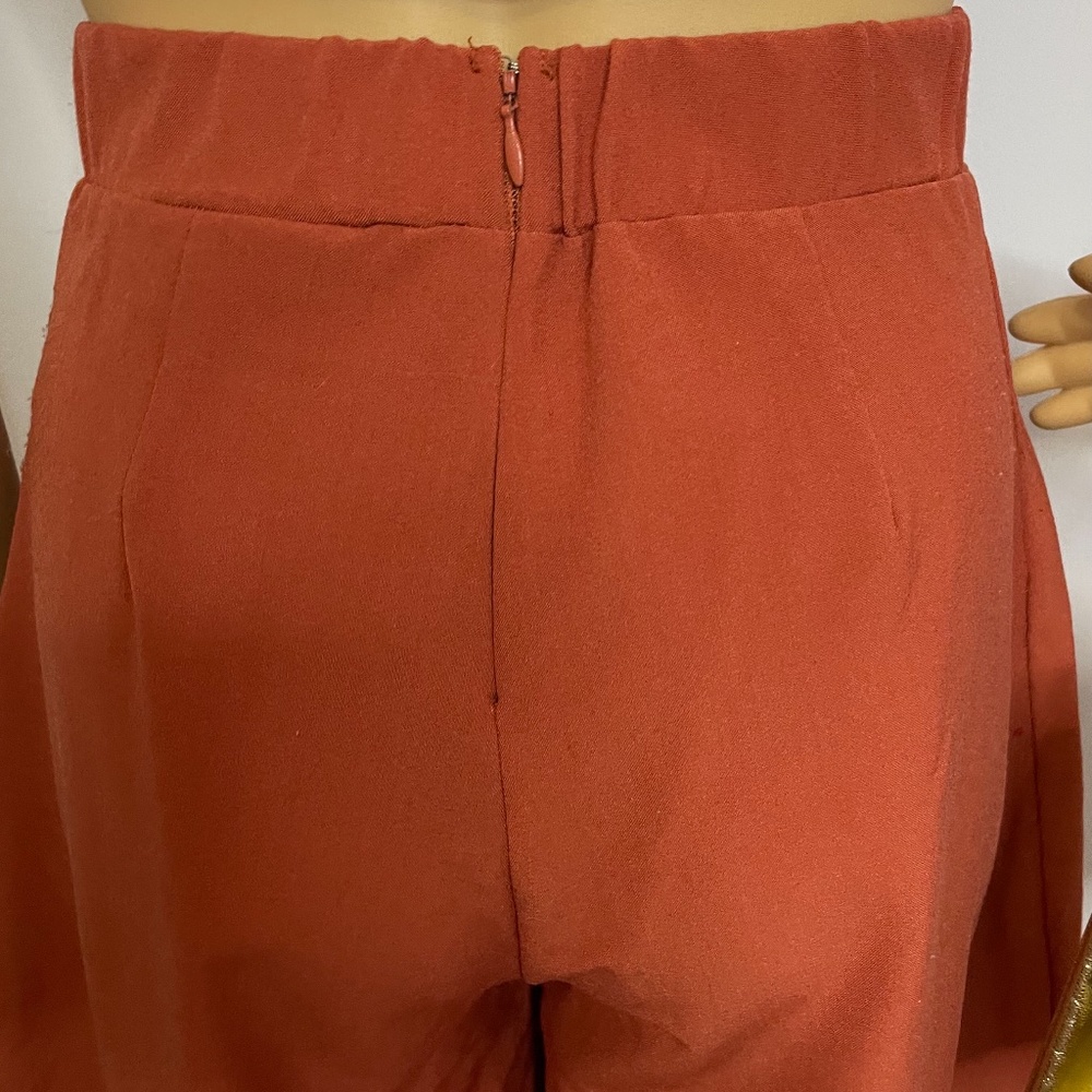 Burnt orange high waisted gaucho pants with pleating and wide leg fit below knee - Picture 9 of 10